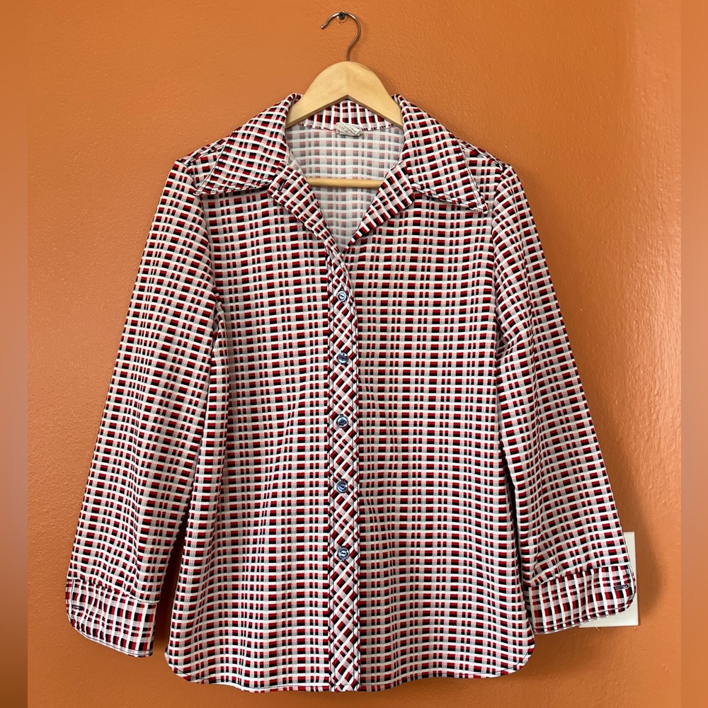 Vintage Montgomery Ward Button-Up Women’s Checkered Navy Red White Blouse, Sz 16